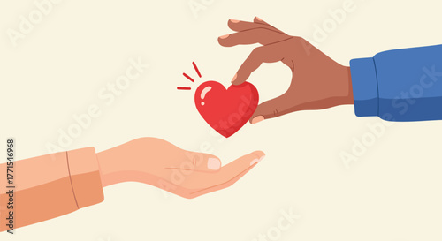 Generous hand offering a radiant red heart to an open palm, an inspiring flat vector illustration of altruism, empathy, and heartfelt connection