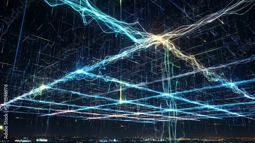Abstract visualization of digital connections over a city skyline at night, showcasing vibrant light trails