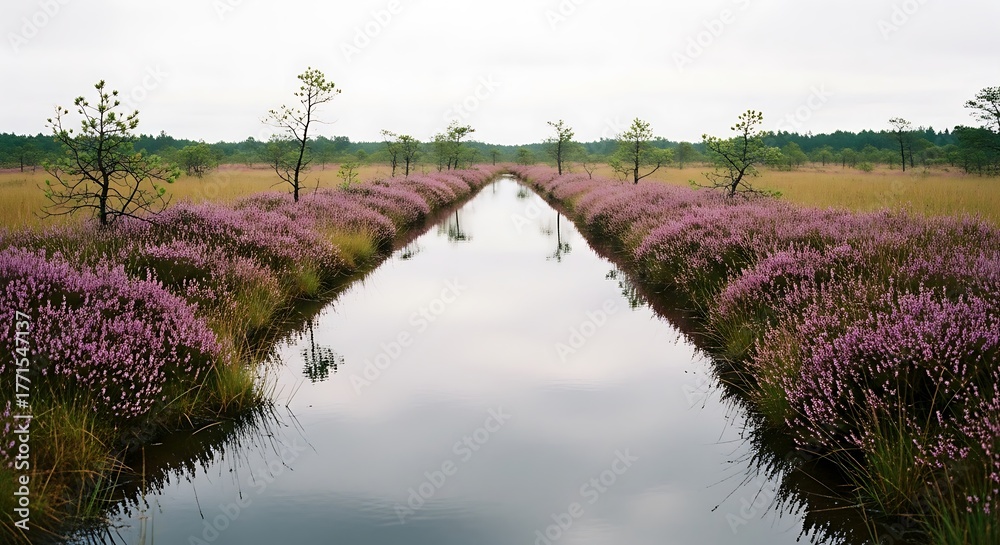 Fototapeta premium A serene canal lined with blooming heather flowers stretches through a vast landscape under a cloudy sky.