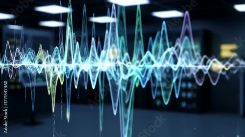 Abstract visualization of sound waves in a modern data center with glowing technology backdrop