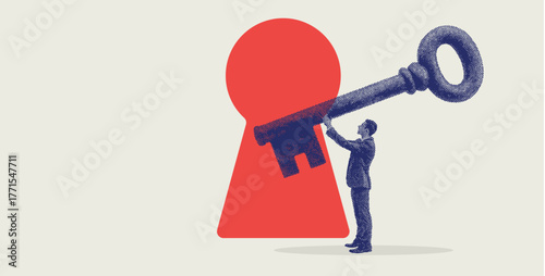 Businessman holding a giant key unlocking opportunity and success symbolizing leadership, innovation, and potential