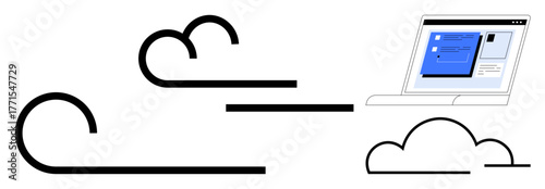 Minimalist clouds and laptop screen highlight digital connectivity and cloud services. Ideal for technology, communication, online storage, innovation, remote work, data sharing, simple flat metaphor