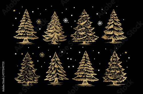 Christmas gold tree set on black. Hand drawn illustration.	
