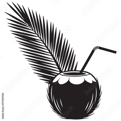 Tropical coconut drink with palm frond silhouette