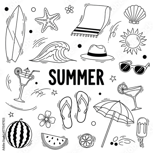 Summer doodle collection: surfboards, beachwear, and refreshing cocktails