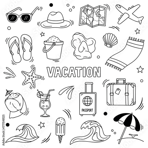 Vacation doodles: travel essentials and beach items illustrated in black and white