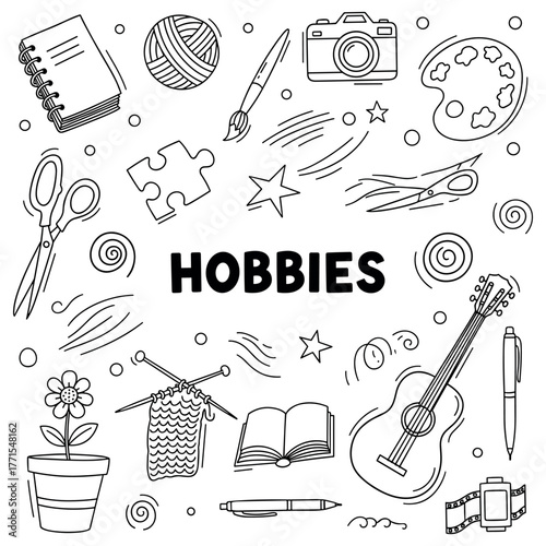 Creative hobbies doodle: music, art, knitting, photography, and craft supplies