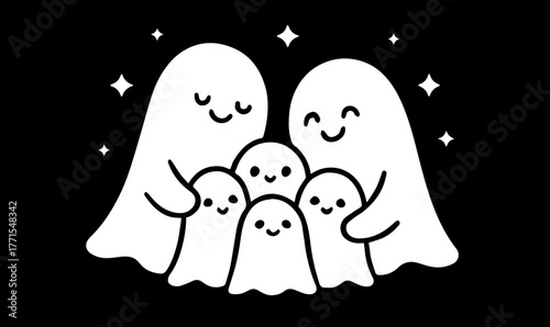 Ghost Family Hug, Cute Ghosts Together, Halloween Embrace, Ghostly Cuddle, ghost family illustration, cute ghost design, halloween ghost art, ghostly hug concept, spooky family cuddle,