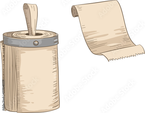 Vector illustration of toilet paper roll and torn sheet with metallic holder for hygiene concept, bathroom product theme, and household design layout
