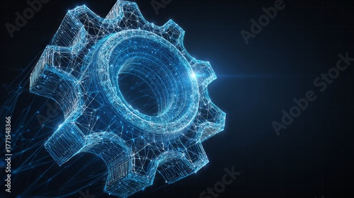 Digital wireframe rendering of a mechanical cog symbolizes advanced technology and system processes