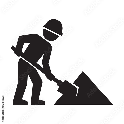 Black Silhouette of Construction Worker Digging with Shovel on White Background person