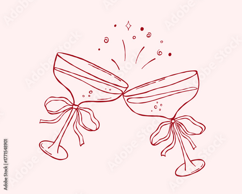 Coquette cocktail glasses with bow, hand draw vector icon, martini, doodle whimsical sketch for party invitation, wine drinks
