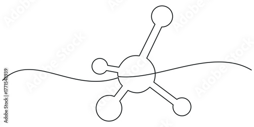 Continuous one line drawing atom or proton nucleus sign symbol isolated vector illustration, molecule continuous one line drawing, Atom molecule one continuous line design. Decorative elements drawn.