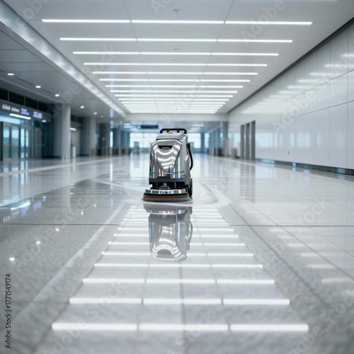 Automated Floor Scrubber Cleaning a Modern, Reflective Hallway with Bright Overhead Lighting.