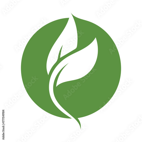 Green Circle with White Stylized Leaves Inside on White Background leaf nature