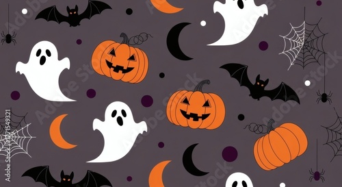 Vibrant Halloween motif featuring spooky yet cute elements on a dark background