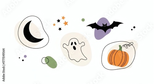 Elegant Halloween illustration with a ghost, pumpkin, bat, and celestial accents on white