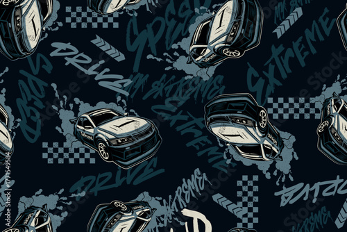 Seamless pattern drift sport cars, graffiti words SPEED, DRIVE, EXTREME, checkered racing flags, splashes, dynamic automotive streetwear design for boys, motorsport style print.