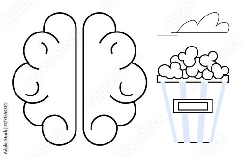 Minimalist depiction of a brain and popcorn tub emphasizes creativity, mind expansion, and growth. Ideal for education, entertainment, innovation, brainstorming, psychology, imagination simple flat