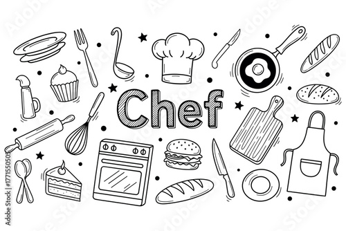 Chef kitchen utensils and food sketch with culinary tools and ingredients