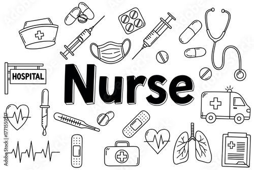 Medical symbols featuring nurse role with healthcare equipment
