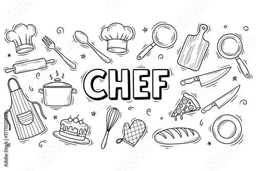 Chef theme with cooking utensils: whisk, knife, apron, and kitchen tools