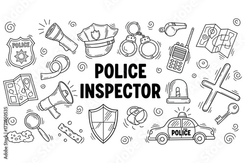 Police inspector doodle collection: icons of law enforcement