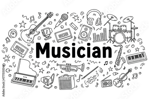 Musician doodle art with musical instruments and notes