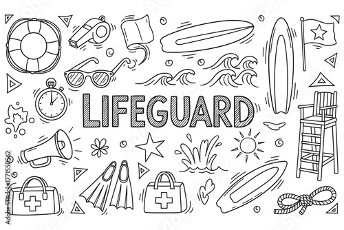 Lifeguard symbols: safety equipment, accessories, icons in black and white