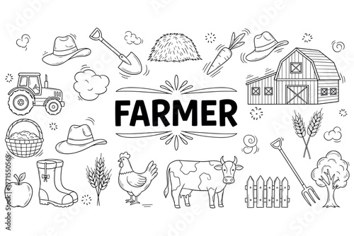 Farm life illustrations: tools, animals, and produce in black and white