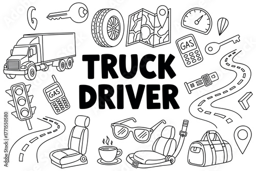 Truck driver essentials: map, gas, road, vehicle, travel icons sketch