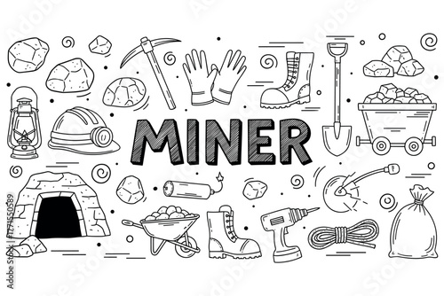 Black and white mining tools and equipment illustration with helmet and pickaxe