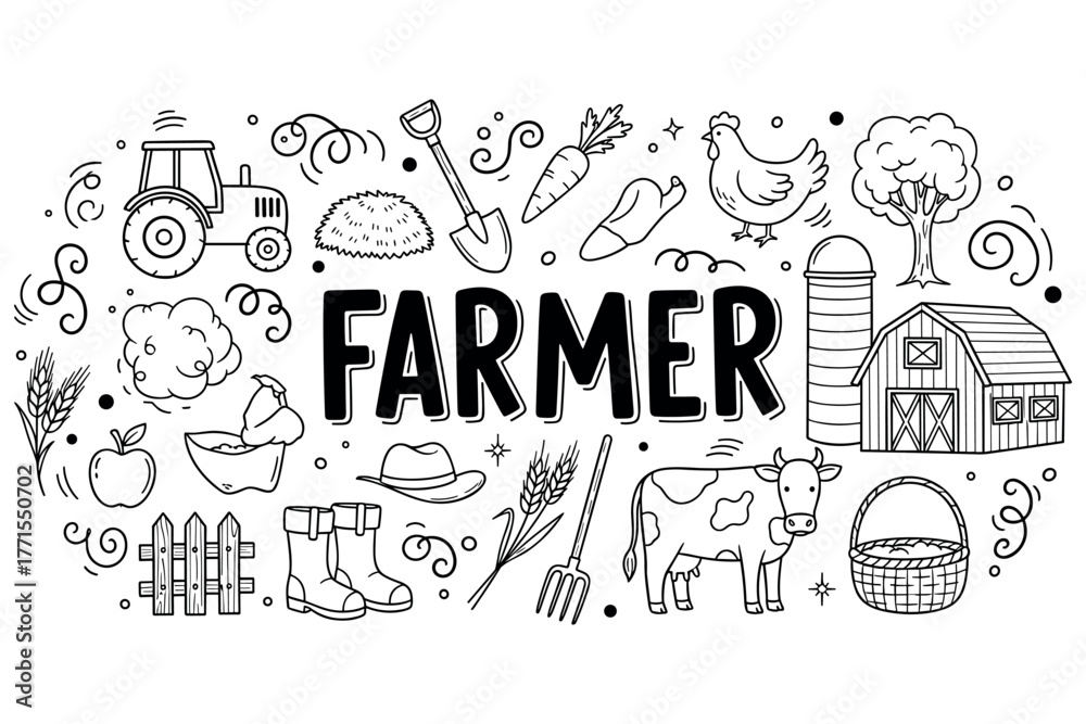 Fototapeta premium Farm life doodles: tractor, animals, and produce in black and white