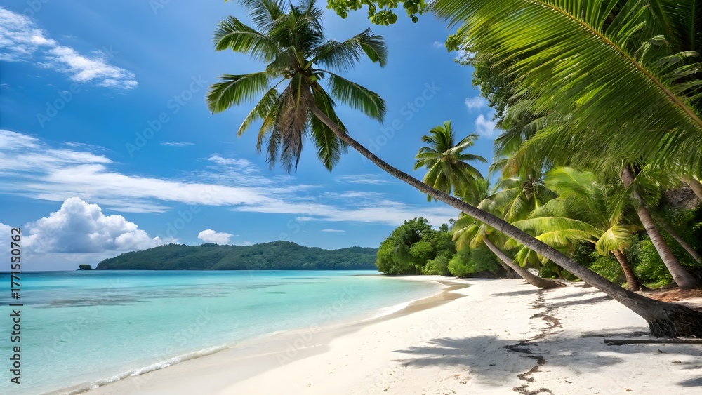 Fototapeta premium Idyllic tropical beach with palm trees and turquoise water under a blue sky