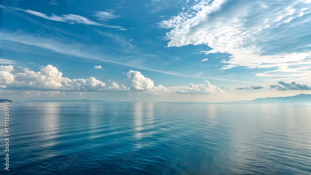 Fototapeta premium Vast ocean horizon under a dramatic blue sky with wispy clouds