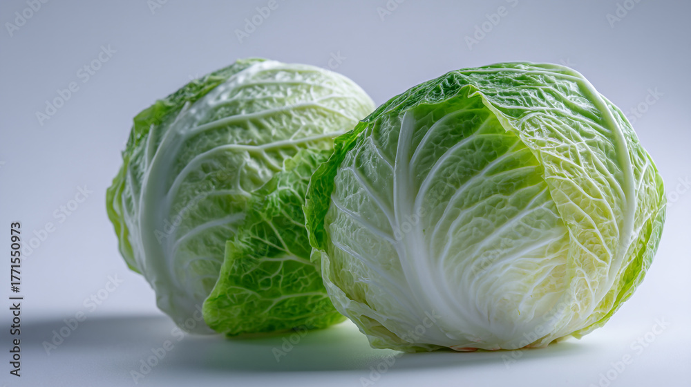 Fototapeta premium Close up of two green and white cabbages on a white surface studio shot