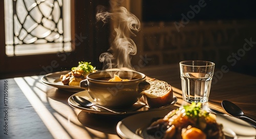 Steaming soup bowl with fresh bread and garnished appetizers illuminated by sunlight near the window