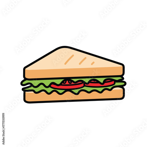 Cartoon Sandwich with Tomato and Lettuce Triangular Shape Black Outline.