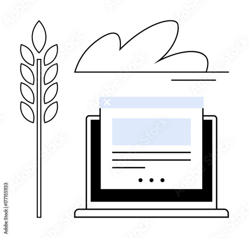 Wheat stalk next to a laptop displaying a webpage beneath a stylized cloud. Ideal for agriculture, technology, sustainability, farm management, innovation, digital tools, environmental impact. Clean