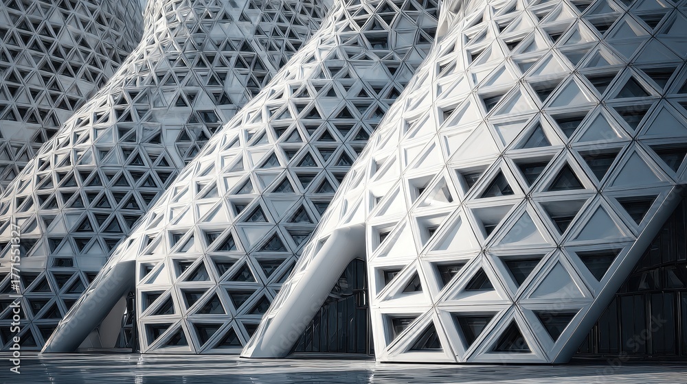 Obraz premium Striking contemporary geometric architecture with triangular patterns and curves.