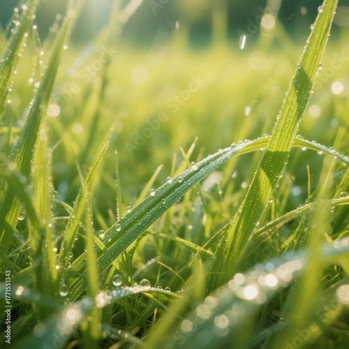 Close-up of a vibrant green grasshopper perched on a dew-kissed blade of grass in a sunlit meadow.