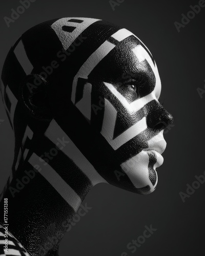 Monochrome profile portrait of a person with abstract black and white geometric face paint, minimal dark background