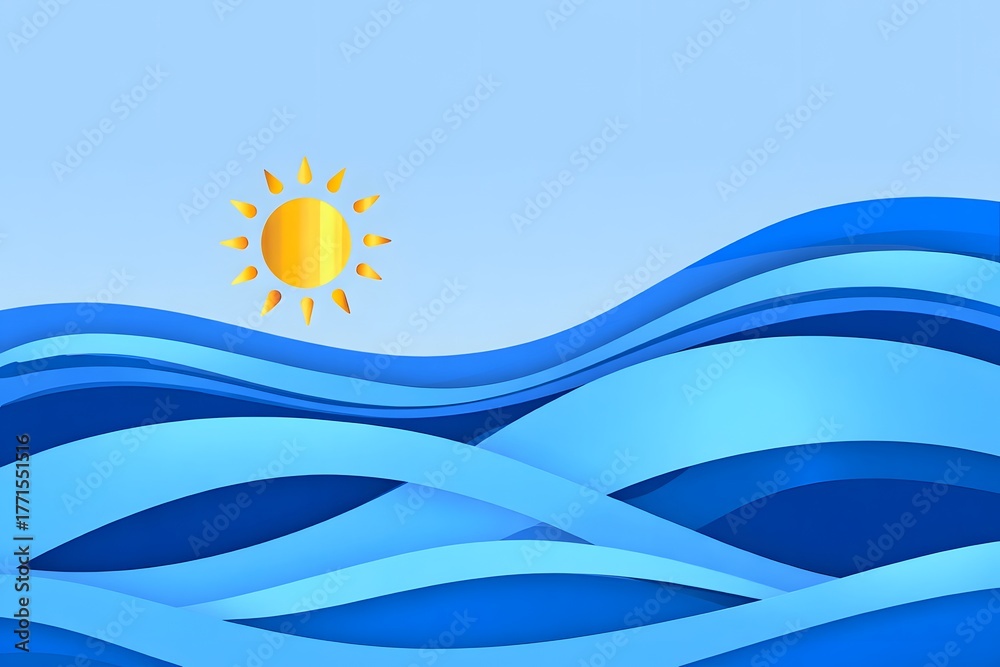 Naklejka premium Sun over blue waves abstract background illustration for summer vacation concept art