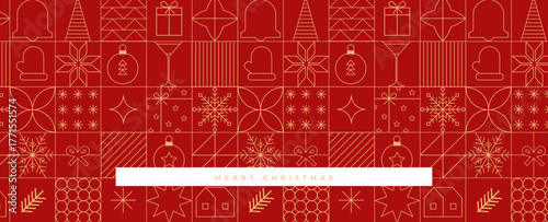 Christmas and new year seamless pattern in line minimal style. Minimalist geometric festive gold on red Christmas, New Year, winter holidays background with linear icons.