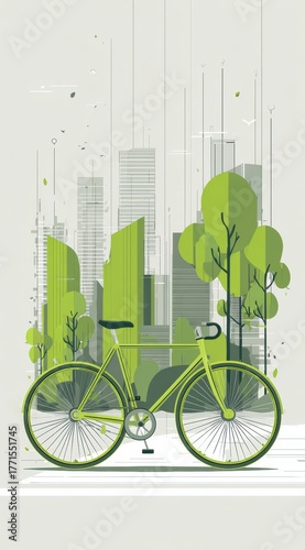 Flat eco illustration of a green bicycle against a modern city background with trees and buildings promoting sustainability