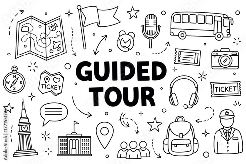 Guided tour elements: maps, tickets, bus, and more - travel icon set