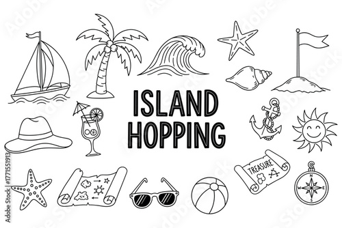 Island hopping adventure: fun illustrations of boats, palm trees, and tropical elements