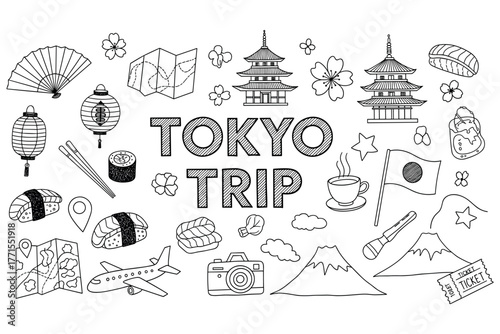 Tokyo travel doodles: japanese culture and iconic landmarks