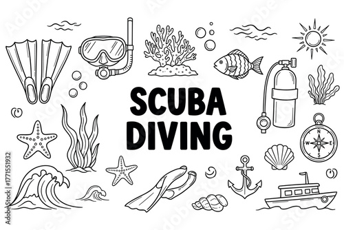 Scuba diving adventure doodles featuring sea life and diving gear