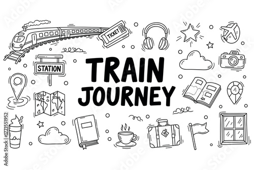 Train journey illustrations with travel icons and destinations
